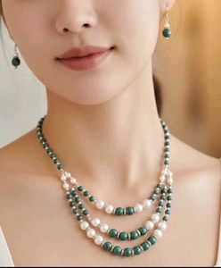 Elegant Pearl & Green Stone Necklace Set