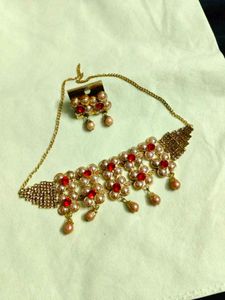 Elegant Pearl &amp; Red Stone Necklace Set