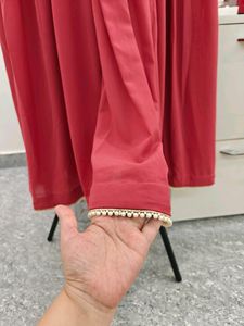 Brick Red Flared Kurta With Dupatt