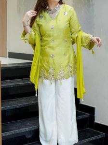 Lime Green Kurta with White Palazzos