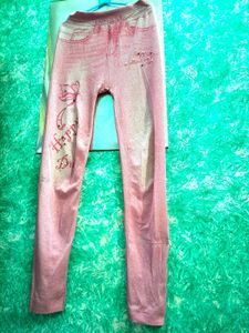Women's Pink Printed Denim Look Jeggings | Stretch
