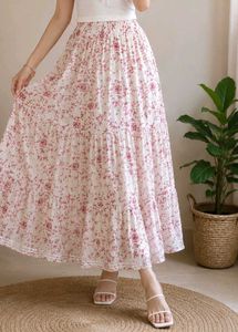 White &amp; Pink Floral Printed Flared Maxi Skirt