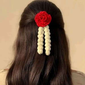 Handmade Red Rose Hair Clip with Tassels