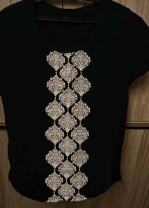Dark Navy Blue With White Embossed Pattern T-Shirt