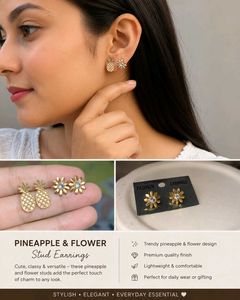 🍍 Gold-Tone Pineapple & Flower Stud 🌼