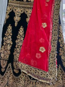 Dark Blue Embroidered Velvet Lehenga Set