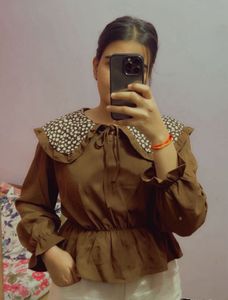 Brown Blouse with Floral Peter Pan Collar