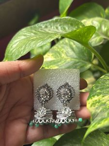 Oxidised green pearl Jhumkas