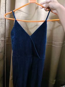 Elegant Navy Velvet Gown with High Slit