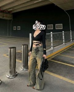 Tie-Up Long Sleeve Midnight Wrap Crop Top