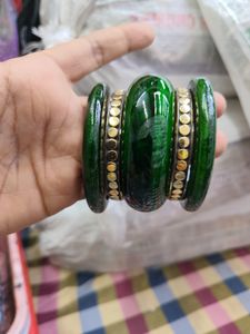 Emerald Green Bangles with Gold Accents