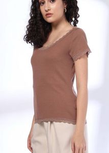 Brown Ribbed Top with Lace Trim
