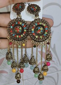 Boho Jhumka Earrings with Multicolored Beads