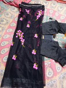 Elegant Black Saree with Pink Floral Embroidery