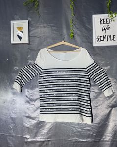 Sparkly Striped Deep neck Long Sleeve Top