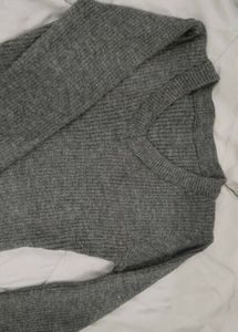 Grey Ribbed V-Neck Sweater Dress