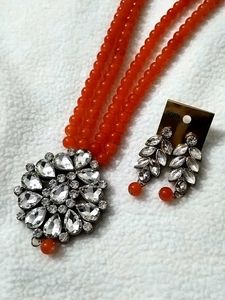 Stunning Orange Beaded Necklace &amp; Earrings Set
