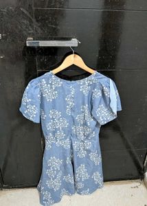 Blue Floral Print V-Neck Button-Up Dress