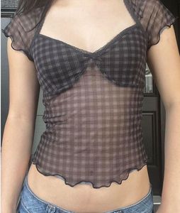 Sheer Plaid Mesh Crop Top