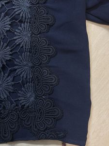 Navy Blue Square Neck Puff Sleeve Top With Embroid