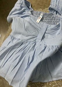 Blue Striped Puff Sleeve Peplum Top