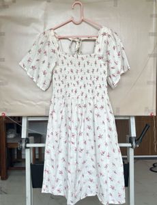 White Floral Print Smocked Dress
