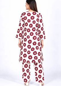 White Kurta with Burgundy Floral Print