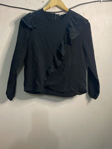 Black Ruffle Detail Long Sleeve Top