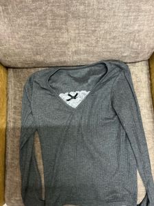 Charcoal Lace &amp; Bow Ribbed Long Sleeve