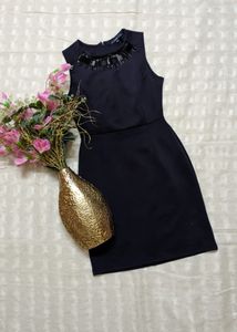 Elegant Navy Beaded Neckline Dress