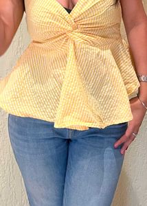 Chic Yellow Gingham Twist Front Top