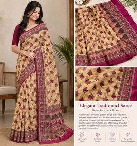 Elegant Golden Beige & Maroon Floral Printed Saree