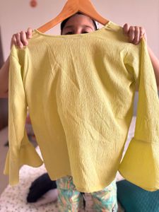 Chic Yellow Bell Sleeve Top with Lace Detail