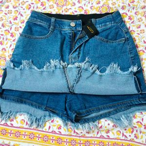 Blue Denim Fringed Mini Skirt