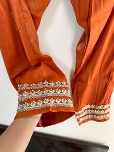 Rust japan silk Heavy embroidery Suit pant set