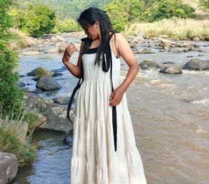Cream Tiered Maxi Dress with Black Accents