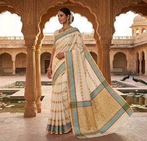 Elegant Off-White and gold Saree with Blue Border