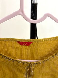 Mustard Yellow Kurta with Embellished Neckline