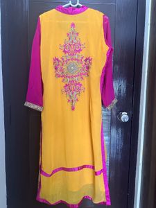 Elegant Yellow &amp; Pink Embroidered Suit