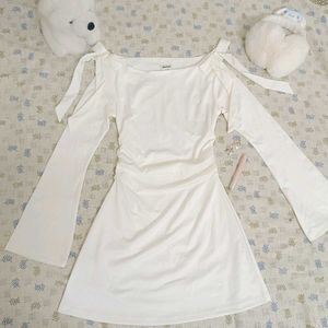 Boat Neckline Solid Ruched Bowknot Mini Dress