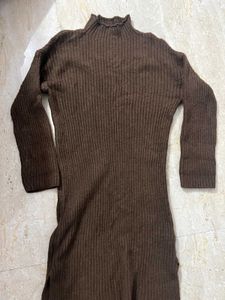 Brown Ribbed Knit Midi Dress