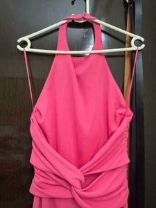Hot Pink Halter Neck Ruched  and backless Dress