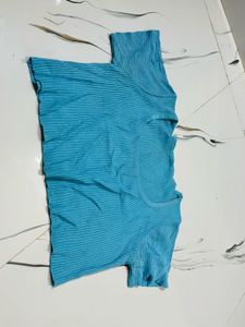 Blue Ribbed Short Sleeve crop Top