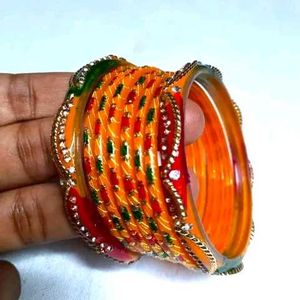 Vibrant Orange & Red Embellished Bangle Set