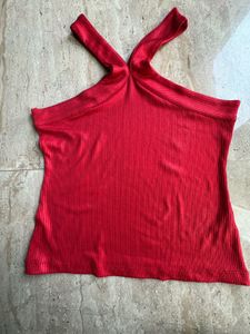 Red Ribbed Halter Neck Top