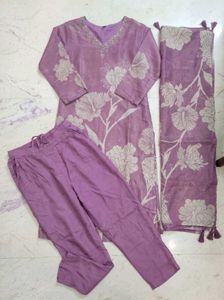 Purple Floral Kurta with Embellished Neckline
