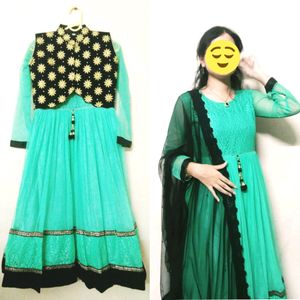 Pastel Green Anarkali With Velvet Jacket