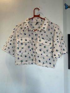 White Cropped Floral Shirt