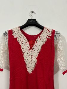 Red Kurta with White Embellishments