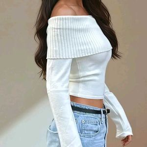 Newme White Ribbed Off Shoulder Top